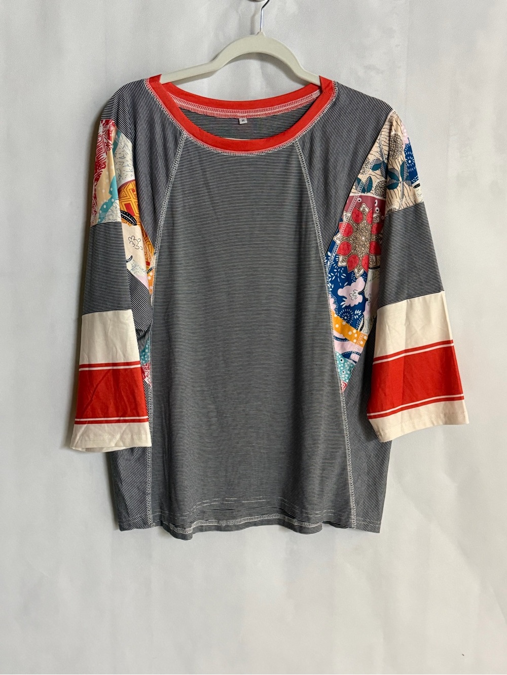 NWOT Boho Patchwork Striped 3/4 Sleeve Tunic Top Size M